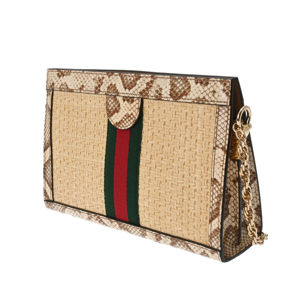 Gucci Bag Ophidia Shoulder Straw Tan GG Beige Python Chain White Leather